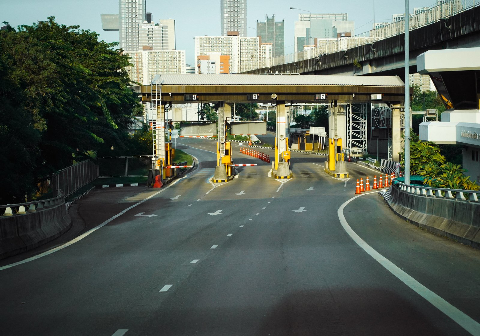 A vehicle toll booth in the city.