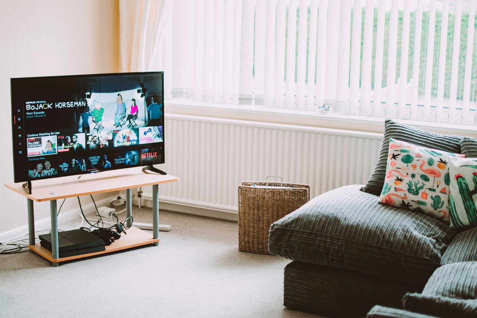 Flat screen TV in living room powered by 'TATA Play DTH' with couch in front.