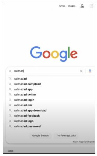 Mobile screen showing typing of "Railmadad" in the Google search bar