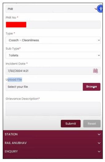 A mobile screen showing where the railway passenger needs to input date, picture and grievance description.